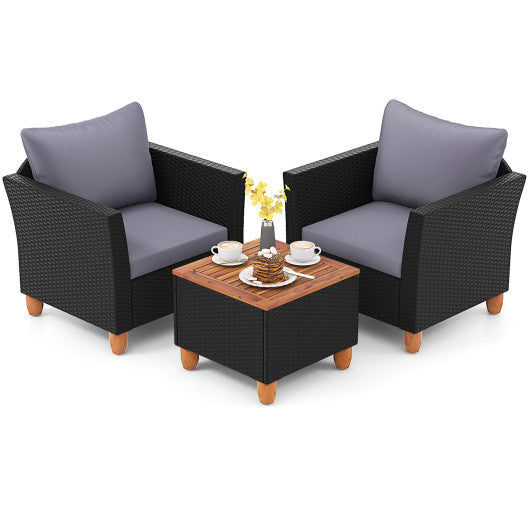 3 Pieces Outdoor Patio Wicker Furniture Set with Cushions and Acacia Wood Coffee Table-Gray