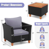 3 Pieces Outdoor Patio Wicker Furniture Set with Cushions and Acacia Wood Coffee Table-Gray