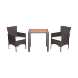 3 Pieces Patio Wicker Furniture Set wih Acacia Wood Table Top and Chair Cushiones