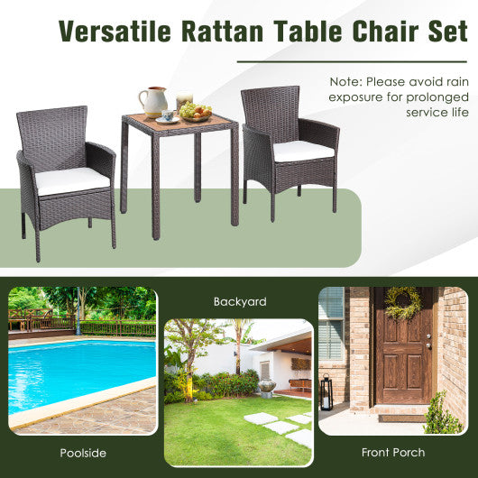 3 Pieces Patio Wicker Furniture Set wih Acacia Wood Table Top and Chair Cushiones