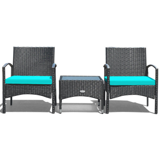 3 Pieces Patio Wicker Rattan Furniture Set with Cushion for Lawn Backyard-Turquoise