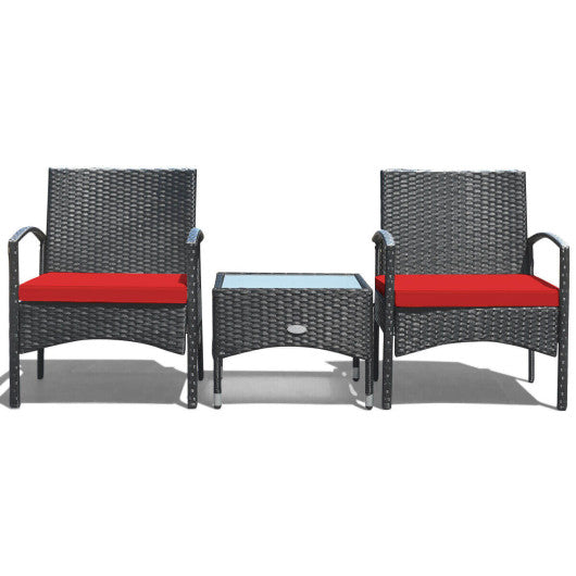 3 Pieces Patio Wicker Rattan Furniture Set with Cushion for Lawn Backyard-Red