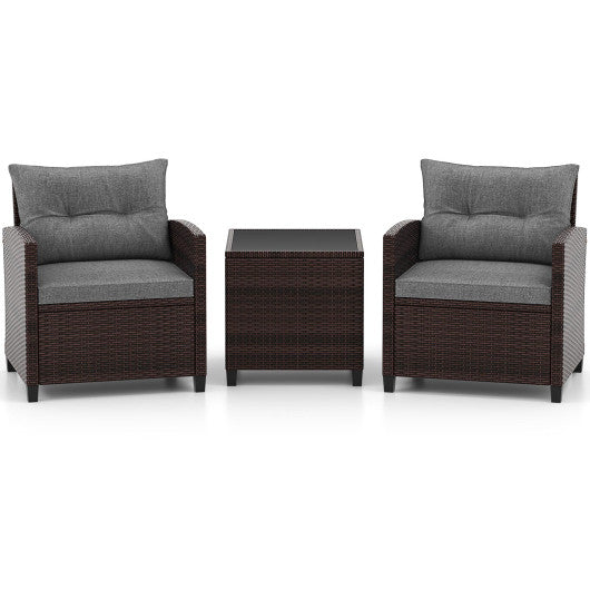 3 Pieces Rattan Patio Furniture Set with Washable Cushion-Gray