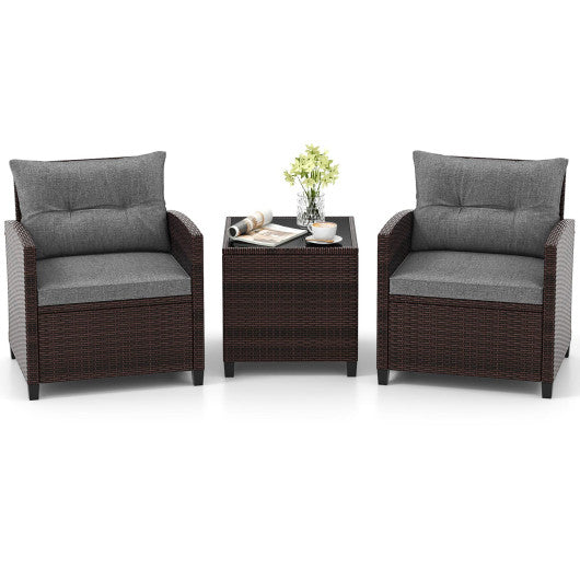 3 Pieces Rattan Patio Furniture Set with Washable Cushion-Gray