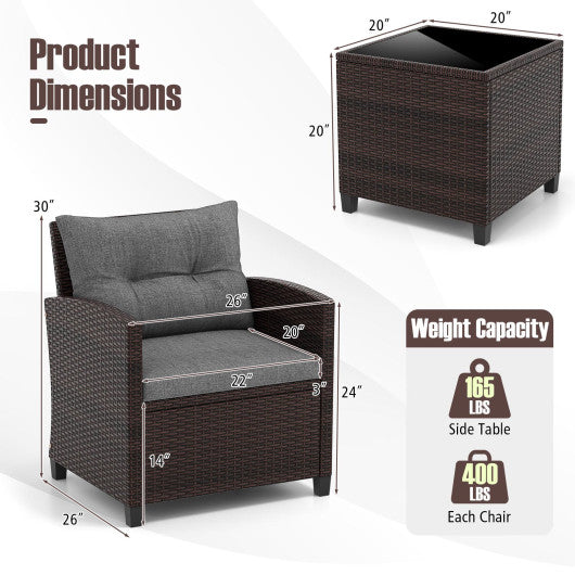3 Pieces Rattan Patio Furniture Set with Washable Cushion-Gray