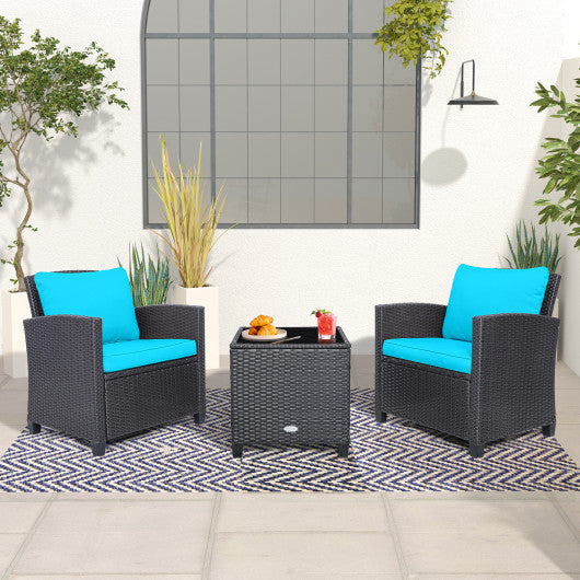 3 Pieces Rattan Patio Furniture Set with Washable Cushion-Beige & Turquoise