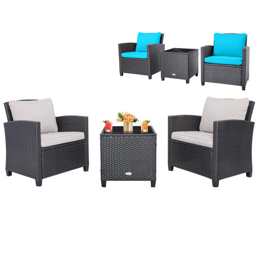 3 Pieces Rattan Patio Furniture Set with Washable Cushion-Beige & Turquoise