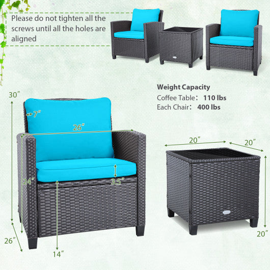 3 Pieces Rattan Patio Furniture Set with Washable Cushion-Beige & Turquoise