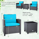 3 Pieces Rattan Patio Furniture Set with Washable Cushion-Beige & Turquoise