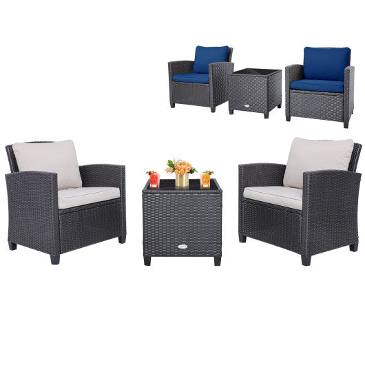 3 Pieces Rattan Patio Furniture Set with Washable Cushion-Dark Blue