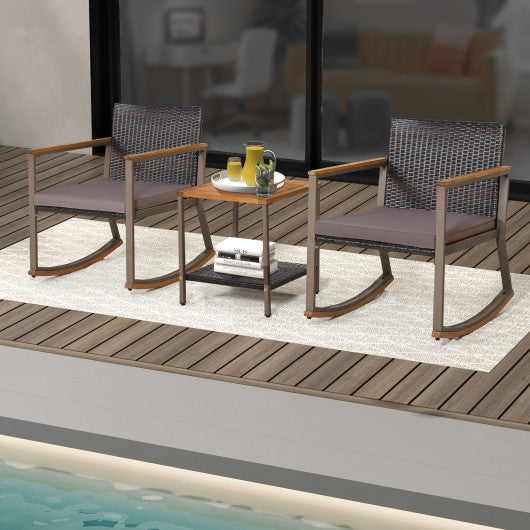 3 Pieces Rattan Rocking Bistro Set with Coffee Table and Cushions-Gray