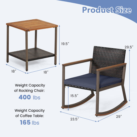 3 Pieces Rattan Rocking Bistro Set with Coffee Table and Cushions-Navy