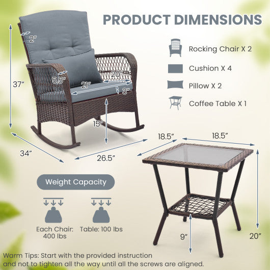 3 Pieces Rocking Bistro Set with 2-Tier Coffee Table-Gray