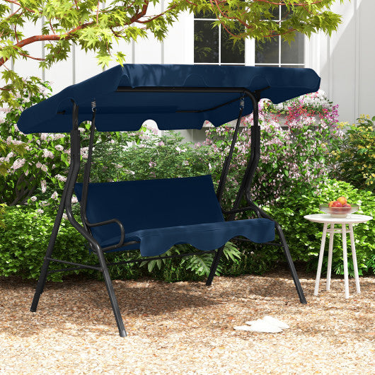 3-Seat Outdoor Patio Canopy Swing with Cushioned Steel Frame-Navy