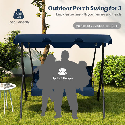 3-Seat Outdoor Patio Canopy Swing with Cushioned Steel Frame-Navy