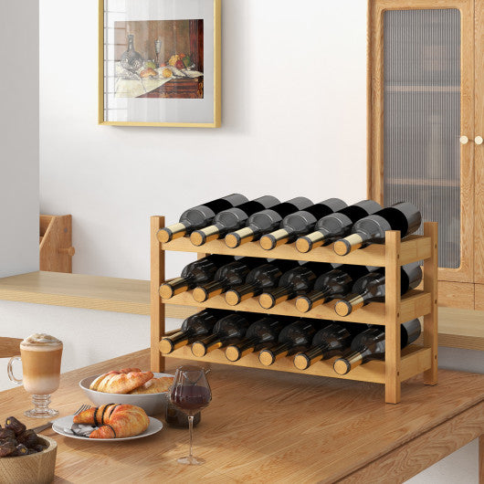 3-Tier Bamboo Freestanding Countertop Wine Bottle Organizer-Natural