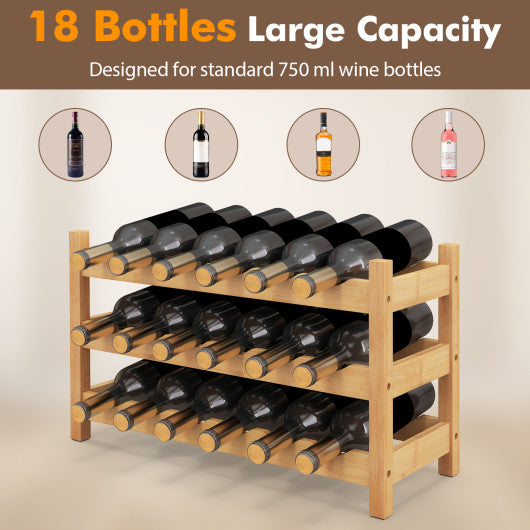 3-Tier Bamboo Freestanding Countertop Wine Bottle Organizer-Natural