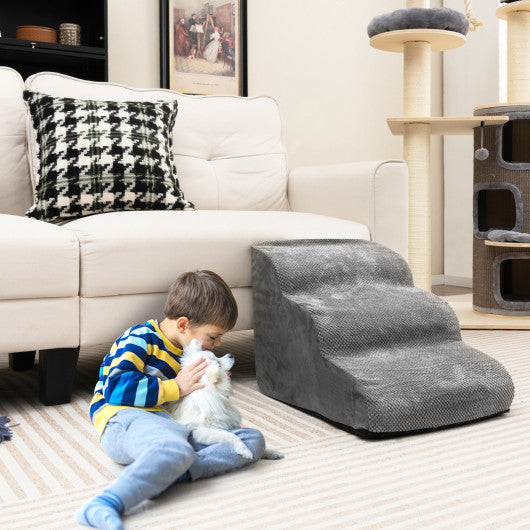 3-Tier Non-Slip Dog Steps with High-Density Sponge and Silicone Paw Prints-Gray