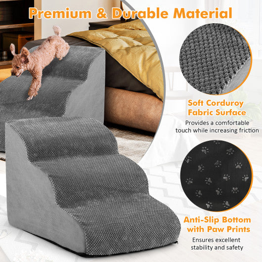 3-Tier Non-Slip Dog Steps with High-Density Sponge and Silicone Paw Prints-Gray