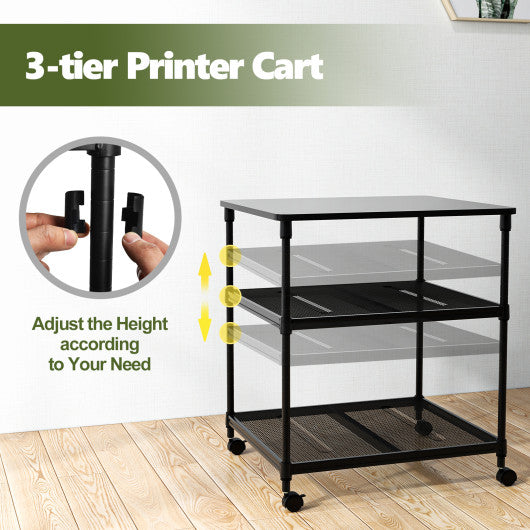3 Tier Printer Stand Rolling Fax Cart with Adjustable Shelf and Swivel Wheels-Black