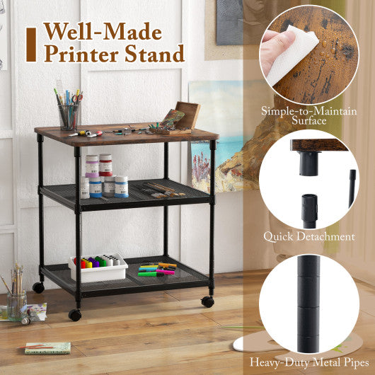 3 Tier Printer Stand Rolling Fax Cart with Adjustable Shelf and Swivel Wheels-Coffee