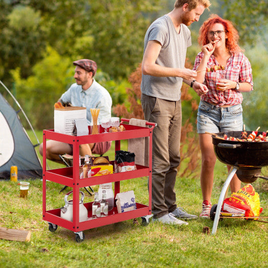 3-Tier Utility Cart Metal Mental Storage Service Trolley-Red