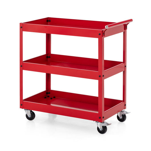 3-Tier Utility Cart Metal Mental Storage Service Trolley-Red