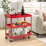 3-Tier Utility Cart Metal Mental Storage Service Trolley-Red