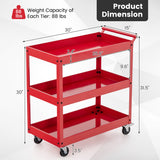3-Tier Utility Cart Metal Mental Storage Service Trolley-Red