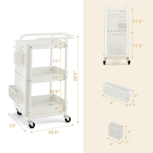 3-Tier Utility Storage Cart with DIY Pegboard Baskets-White