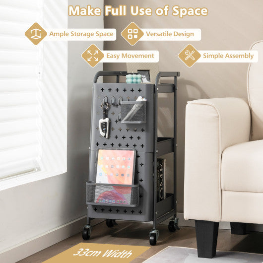 3-Tier Utility Storage Cart with DIY Pegboard Baskets-Gray