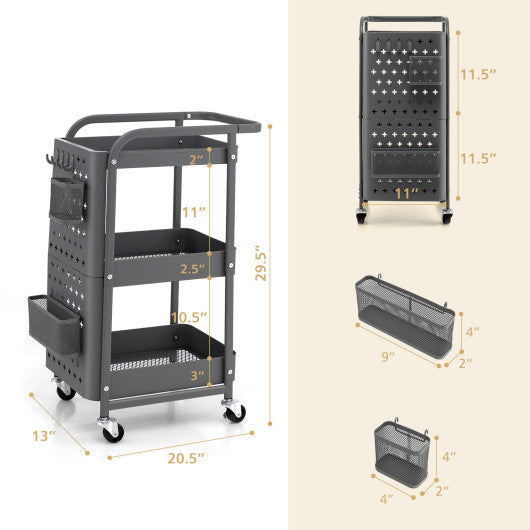 3-Tier Utility Storage Cart with DIY Pegboard Baskets-Gray