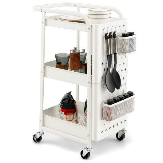 3-Tier Utility Storage Cart with DIY Pegboard Baskets-White
