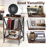 3 Tiers Vintage Style Rolling End Table with 3 Dividers for Albums-Brown