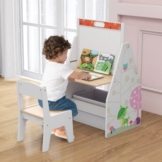 3 in 1 Kids Easel and Play Station Convertible with Chair and Storage Bins-White