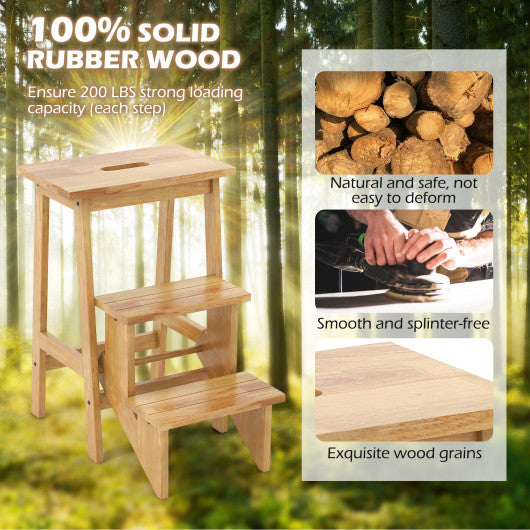 3-in-1 Rubber Wood Step Stool with Convenient Handle-Natural
