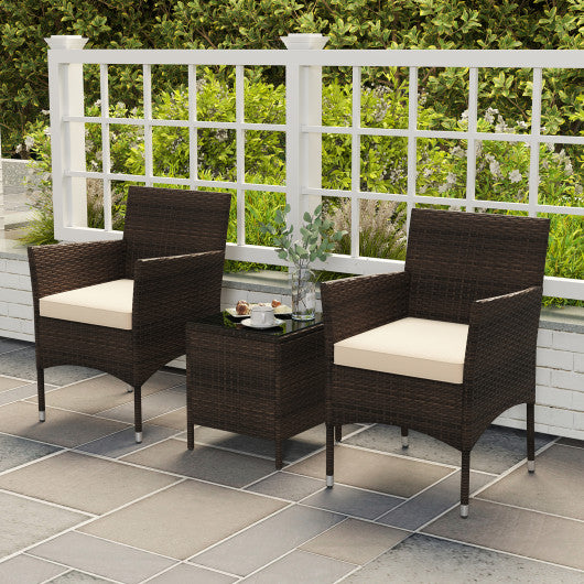 3 Pieces Outdoor Conversation Set with Cushioned Seat and Glass Tabletop-Beige