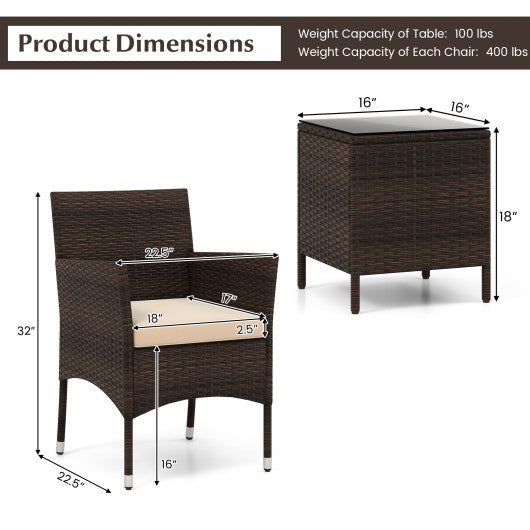 3 Pieces Outdoor Conversation Set with Cushioned Seat and Glass Tabletop-Beige