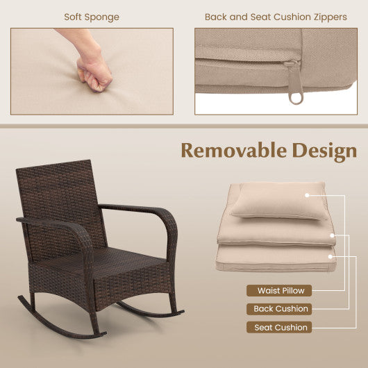 3 Piece Outdoor Rocking Set with Tempered Glass Coffee Table for Backyard Poolside-Brown