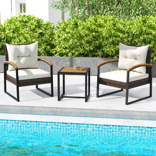 3 Piece Patio Conversation Set with Solid Acacia Wood  Armrests and Tabletop-White