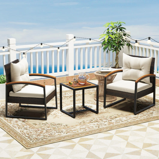 3 Piece Patio Conversation Set with Solid Acacia Wood  Armrests and Tabletop-White