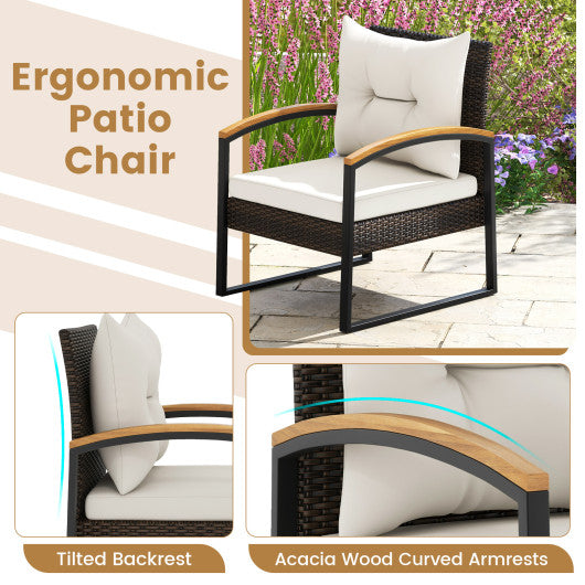 3 Piece Patio Conversation Set with Solid Acacia Wood  Armrests and Tabletop-White