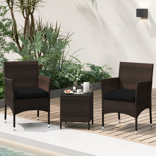 3 Pieces Outdoor Conversation Set with Cushioned Seat and Glass Tabletop-Black