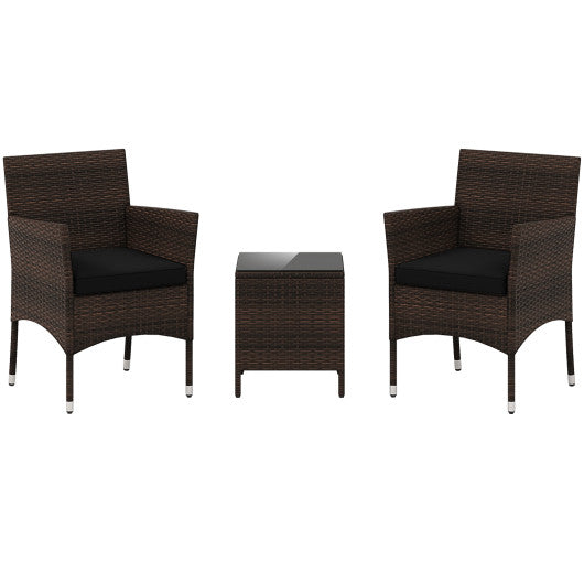 3 Pieces Outdoor Conversation Set with Cushioned Seat and Glass Tabletop-Black