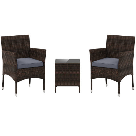 3 Pieces Outdoor Conversation Set with Cushioned Seat and Glass Tabletop-Gray