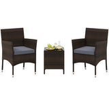 3 Pieces Outdoor Conversation Set with Cushioned Seat and Glass Tabletop-Gray