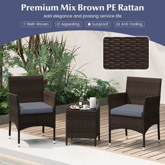 3 Pieces Outdoor Conversation Set with Cushioned Seat and Glass Tabletop-Gray