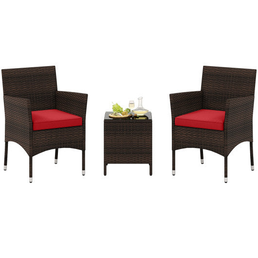 3 Pieces Outdoor Conversation Set with Cushioned Seat and Glass Tabletop-Red