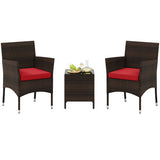 3 Pieces Outdoor Conversation Set with Cushioned Seat and Glass Tabletop-Red