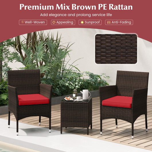 3 Pieces Outdoor Conversation Set with Cushioned Seat and Glass Tabletop-Red